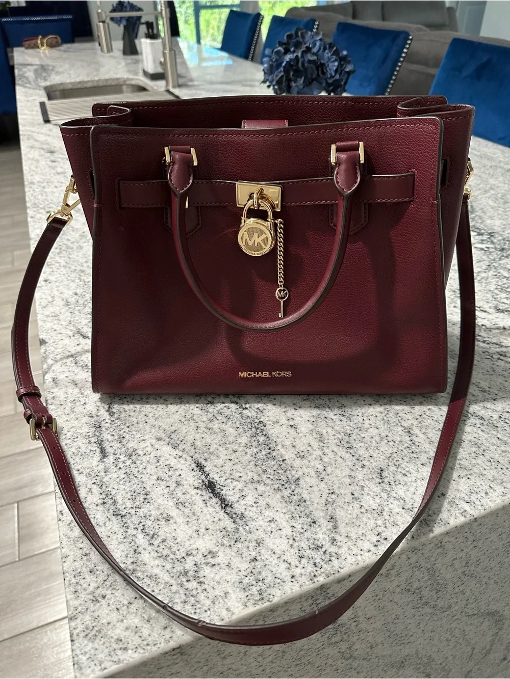 Michael Kors Wine Leather Satchel with Gold Accent with matching wallet